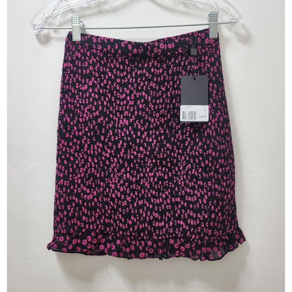 The Kooples Floral smock Ruffle pencil mini Skirt Black Pink Viscose size 1